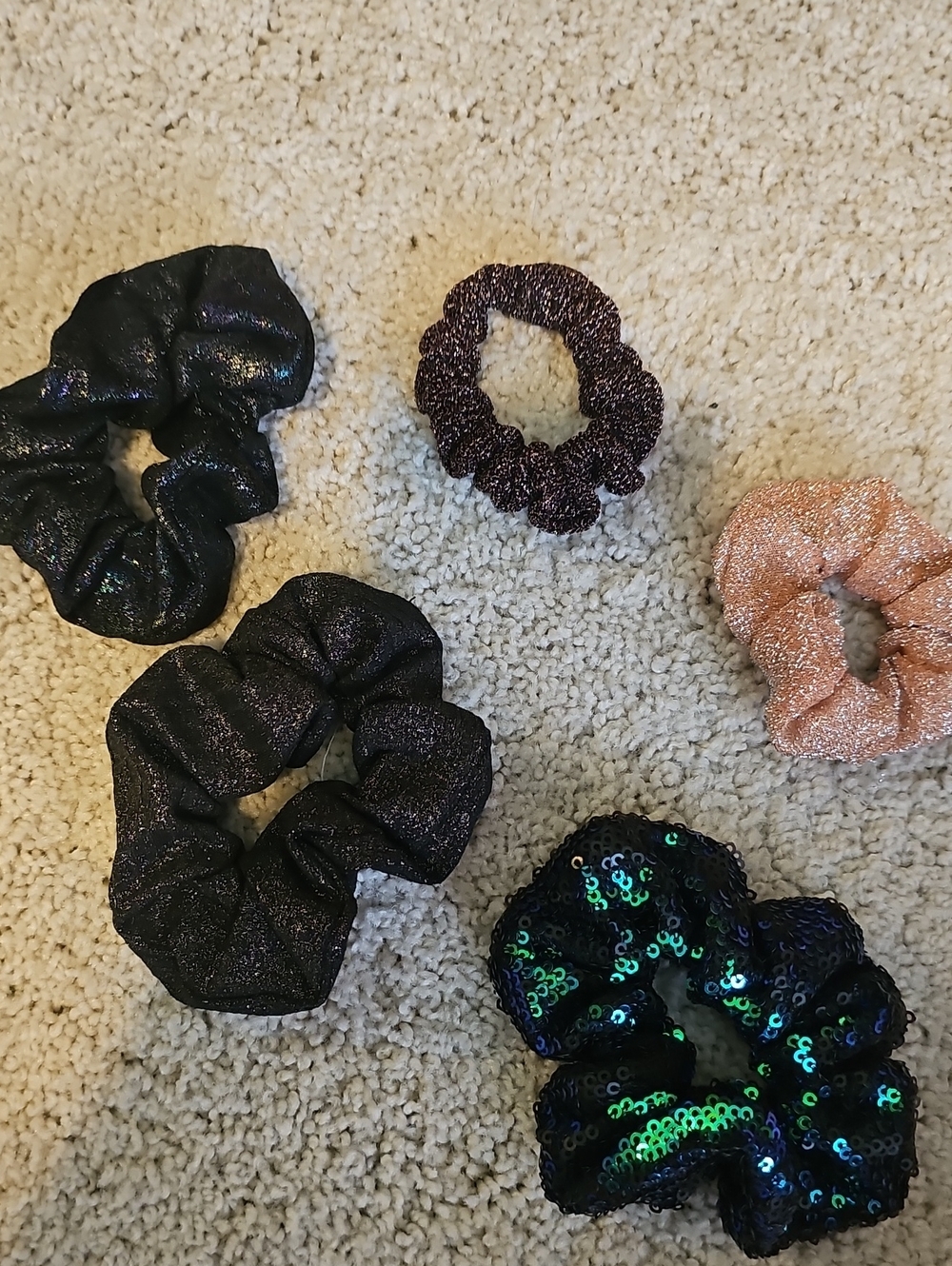 Set of 6 Sparkle Scrunchies - Black, Rose Gold, Purple, Green Sequin